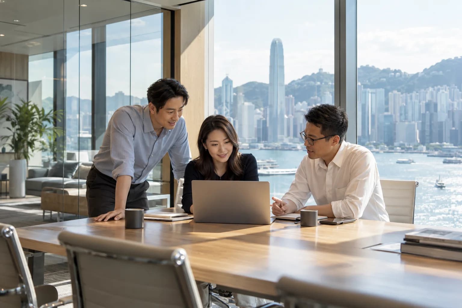 自然採光的玻璃辦公室中，三位同事圍著筆記型電腦協作。